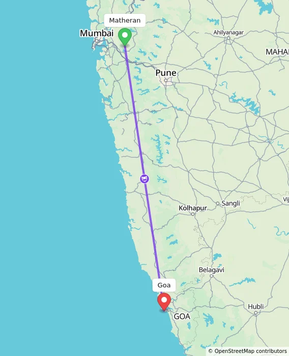 Route map showing distance and travel time from Matheran, India to Goa, India