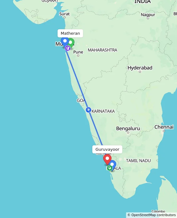 Route map showing distance and travel time from Matheran, India to Guruvayoor, India