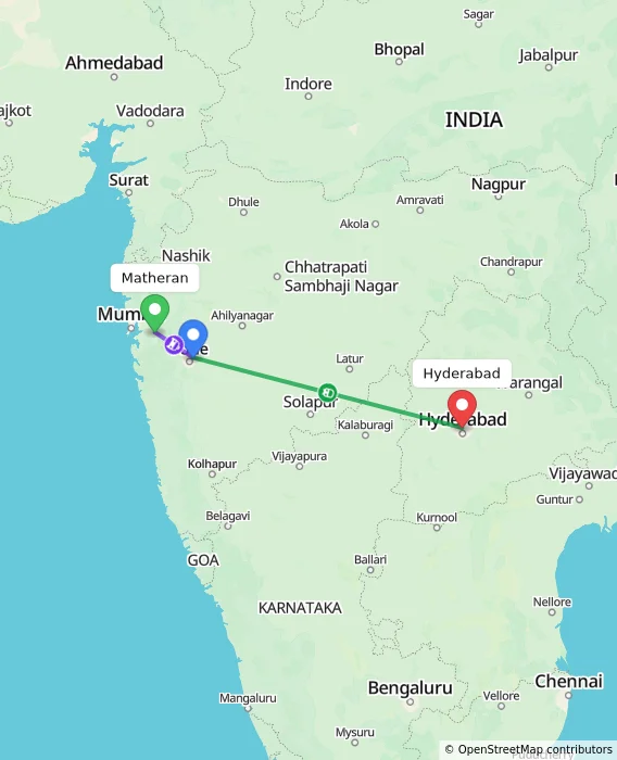 Route map showing distance and travel time from Matheran, India to Hyderabad, India