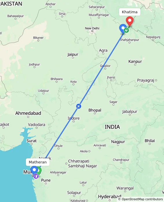 Route map showing distance and travel time from Matheran, India to Khatima, India