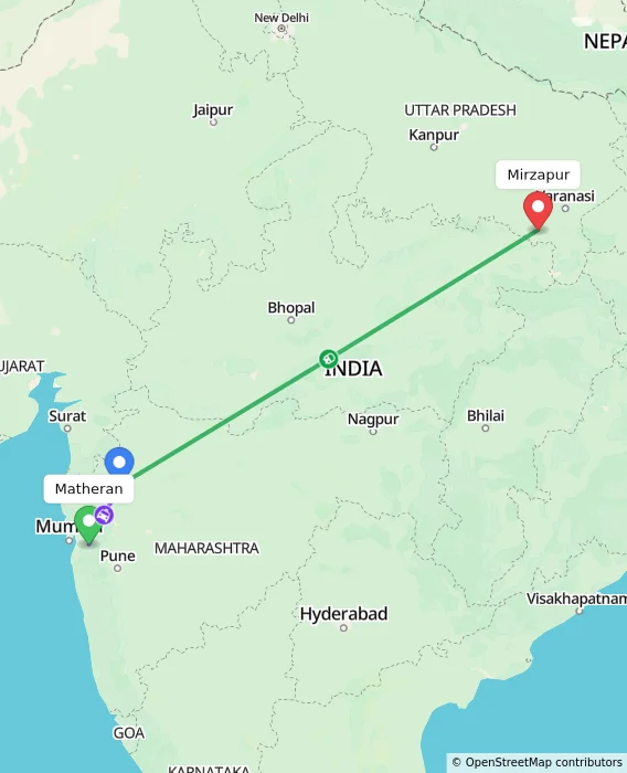 Route map showing distance and travel time from Matheran, India to Mirzapur, India
