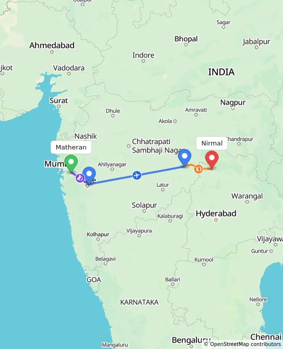 Route map showing distance and travel time from Matheran, India to Nirmal, India