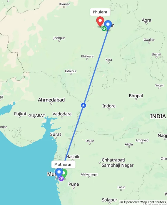 Route map showing distance and travel time from Matheran, India to Phulera, India