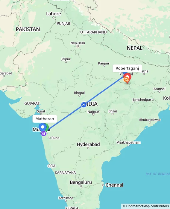 Route map showing distance and travel time from Matheran, India to Robertsganj, India
