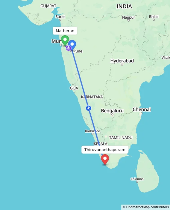Route map showing distance and travel time from Matheran, India to Thiruvananthapuram, India