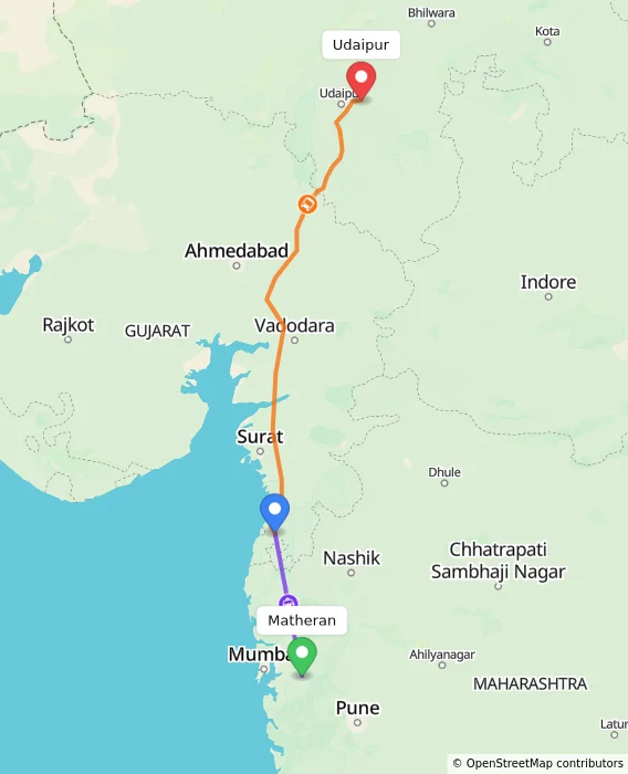 Route map showing distance and travel time from Matheran, India to Udaipur, India