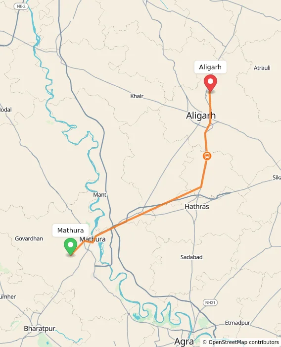 Route map showing distance and travel time from Mathura, India to Aligarh, India