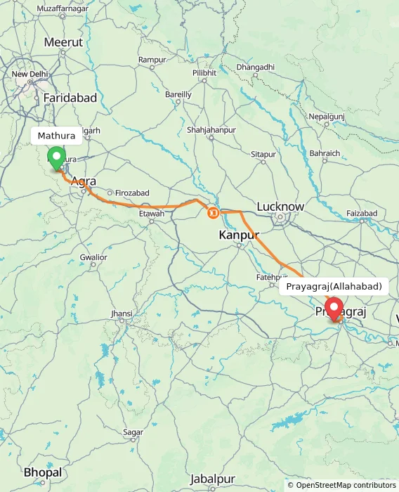 Route map showing distance and travel time from Mathura, India to Allahabad, India