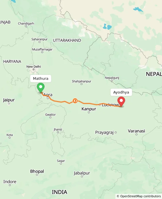 Route map showing distance and travel time from Mathura, India to Ayodhya, India