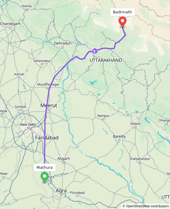 Route map showing distance and travel time from Mathura, India to Badrinath, India