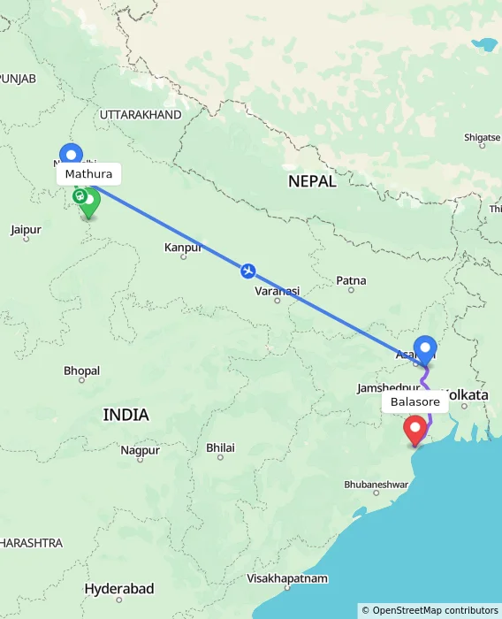Route map showing distance and travel time from Mathura, India to Balasore, India