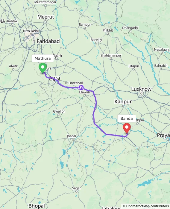 Route map showing distance and travel time from Mathura, India to Banda, India