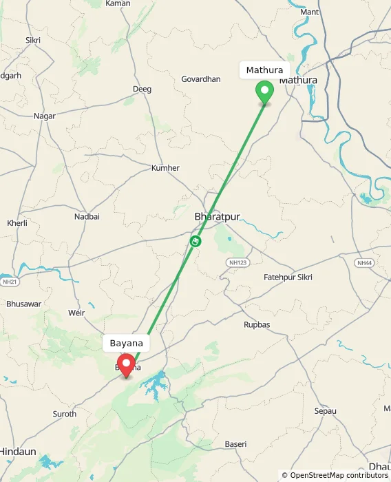 Route map showing distance and travel time from Mathura, India to Bayana, India