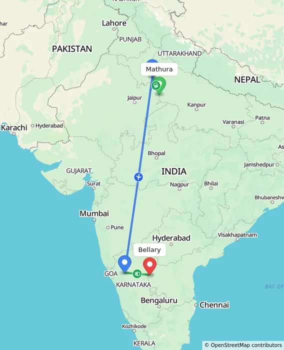Route map showing distance and travel time from Mathura, India to Bellary, India