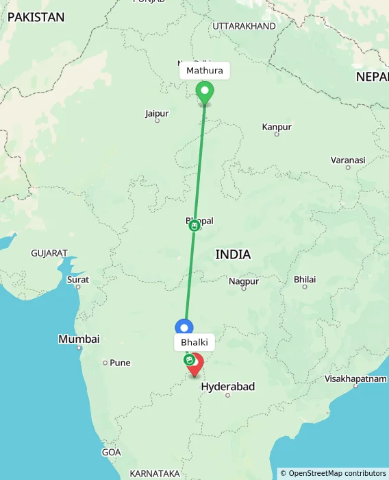 Route map showing distance and travel time from Mathura, India to Bhalki, India