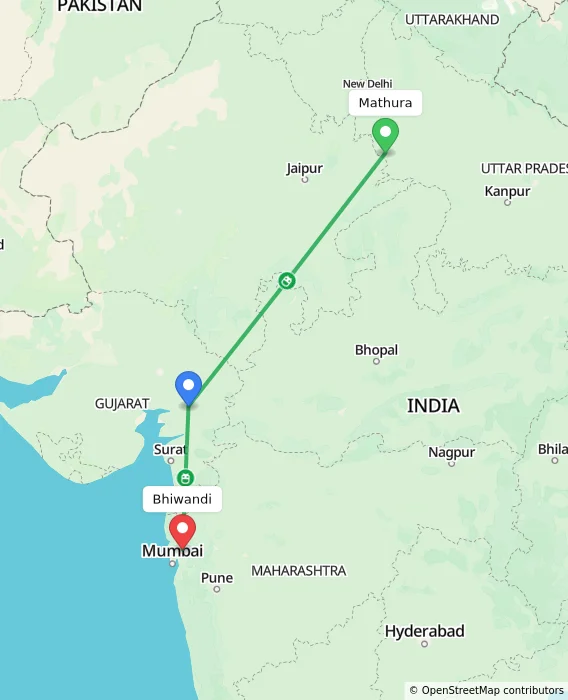 Route map showing distance and travel time from Mathura, India to Bhiwandi, India