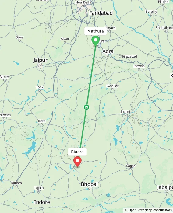 Route map showing distance and travel time from Mathura, India to Biaora, India
