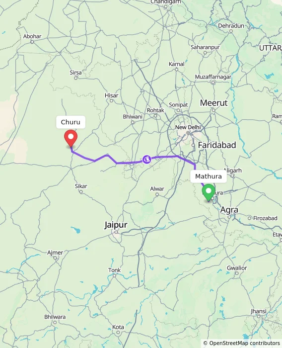 Route map showing distance and travel time from Mathura, India to Churu, India