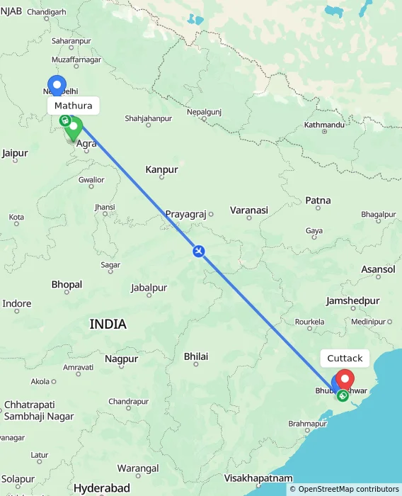 Route map showing distance and travel time from Mathura, India to Cuttack, India