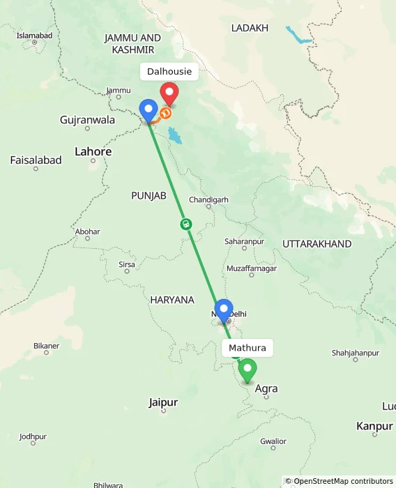 Route map showing distance and travel time from Mathura, India to Dalhousie, India
