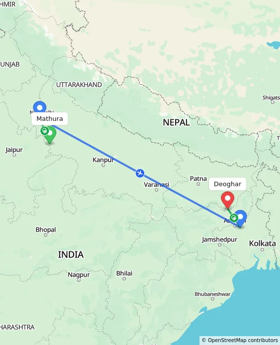 Route map showing distance and travel time from Mathura, India to Deoghar, India