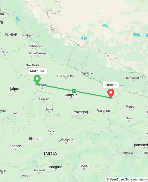 Route map showing distance and travel time from Mathura, India to Deoria, India