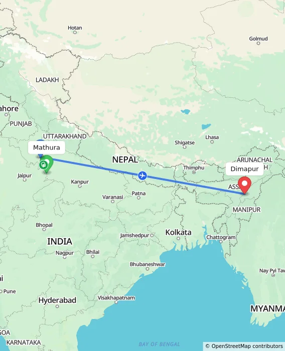 Route map showing distance and travel time from Mathura, India to Dimapur, India