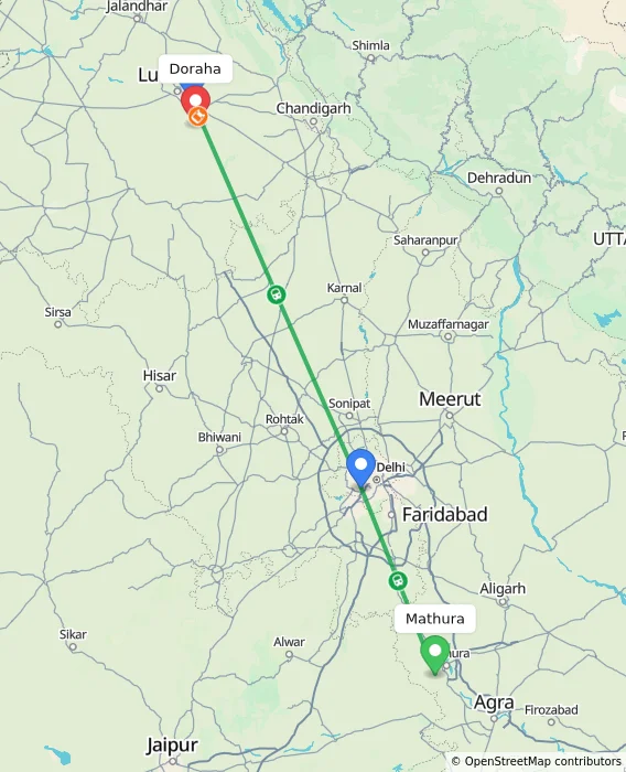 Route map showing distance and travel time from Mathura, India to Doraha, India