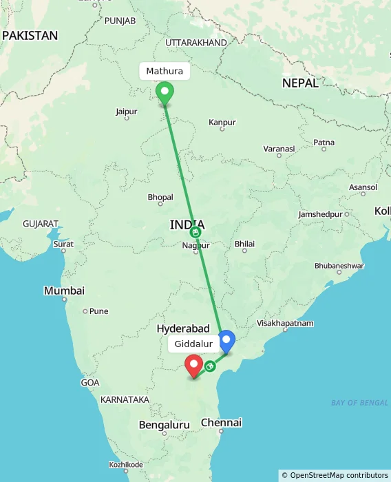 Route map showing distance and travel time from Mathura, India to Giddalur, India