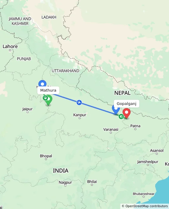 Route map showing distance and travel time from Mathura, India to Gopalganj, India