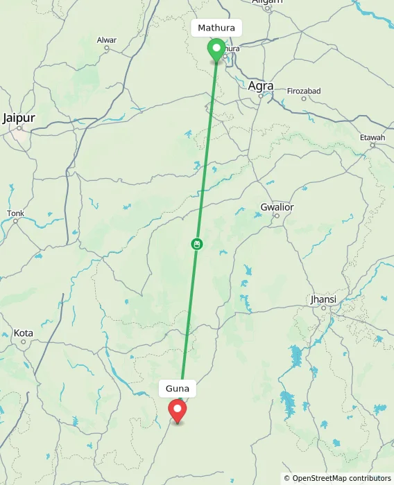 Route map showing distance and travel time from Mathura, India to Guna, India
