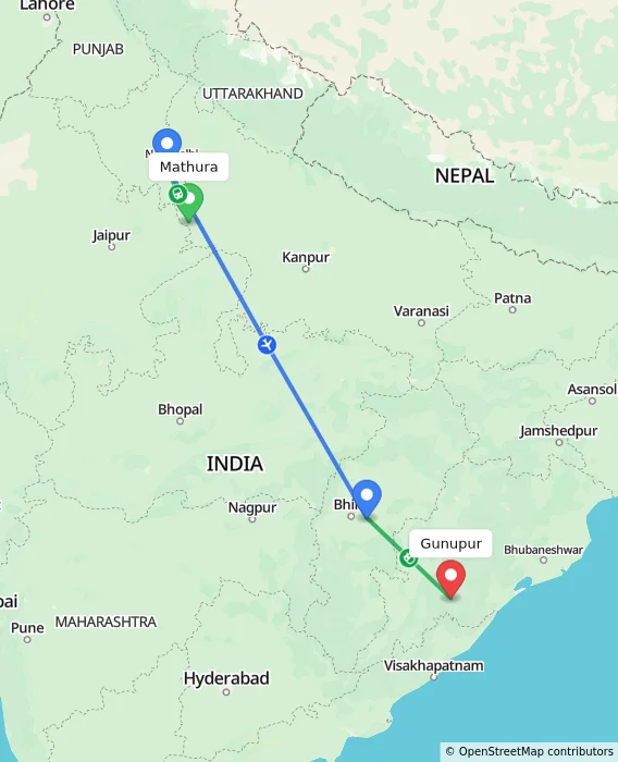 Route map showing distance and travel time from Mathura, India to Gunupur, India
