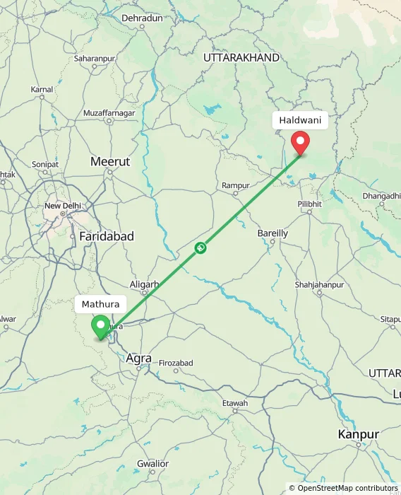 Route map showing distance and travel time from Mathura, India to Haldwani, India