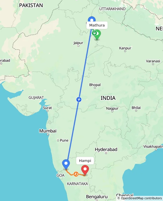 Route map showing distance and travel time from Mathura, India to Hampi, India