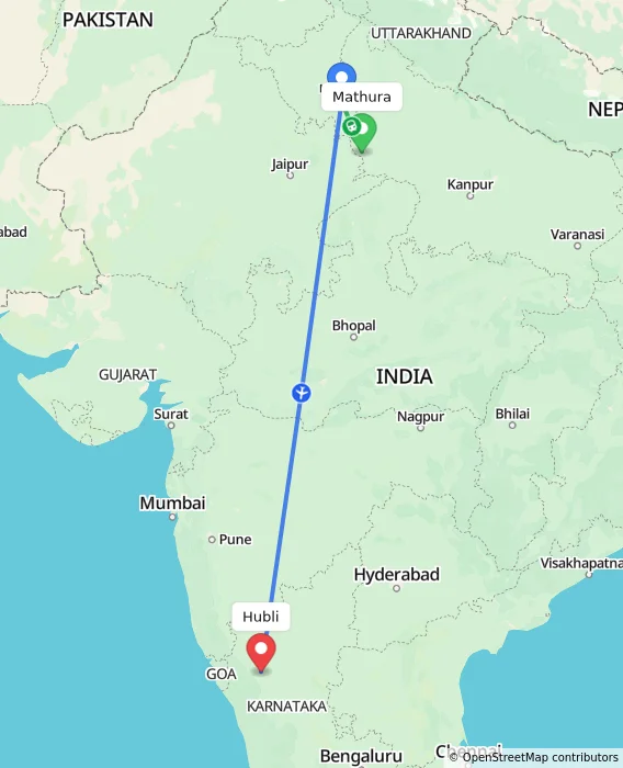 Route map showing distance and travel time from Mathura, India to Hubli, India