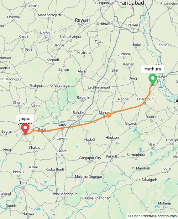 Route map showing distance and travel time from Mathura, India to Jaipur, India