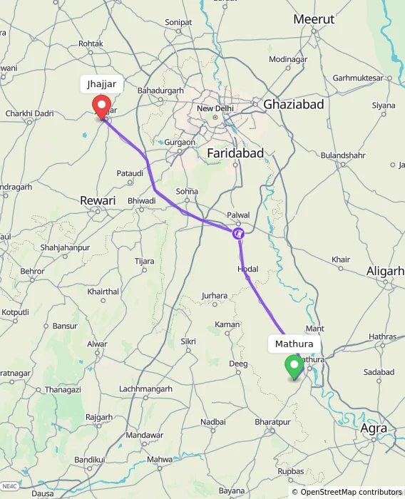 Route map showing distance and travel time from Mathura, India to Jhajjar, India