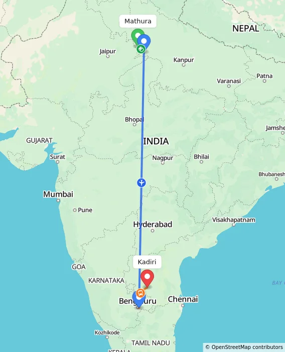 Route map showing distance and travel time from Mathura, India to Kadiri, India