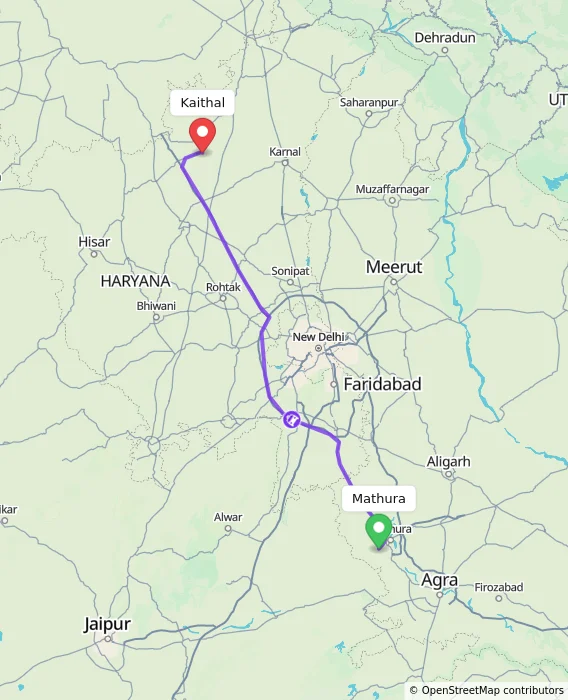 Route map showing distance and travel time from Mathura, India to Kaithal, India