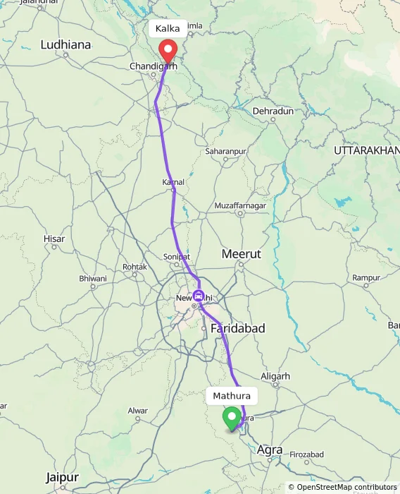 Route map showing distance and travel time from Mathura, India to Kalka, India