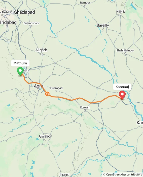 Route map showing distance and travel time from Mathura, India to Kannauj, India