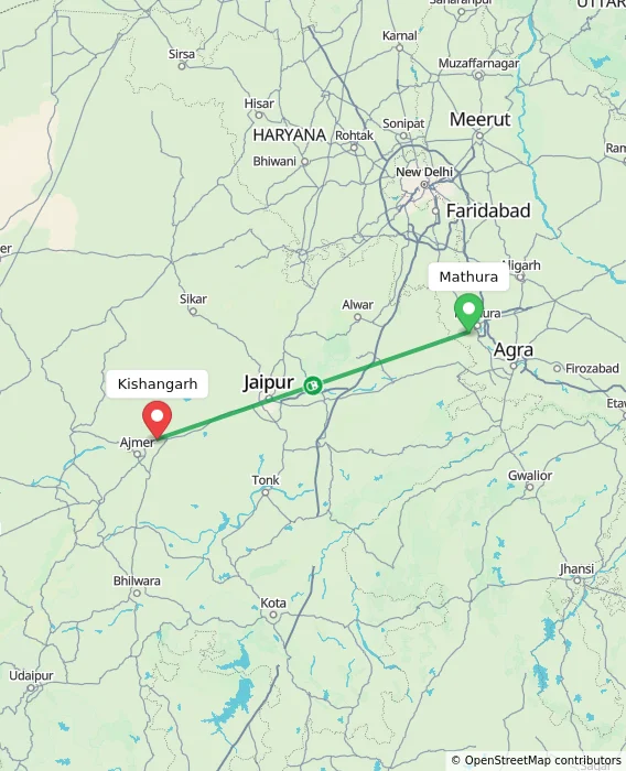 Route map showing distance and travel time from Mathura, India to Kishangarh, India