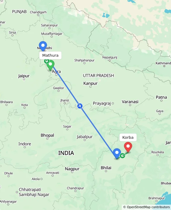 Route map showing distance and travel time from Mathura, India to Korba, India