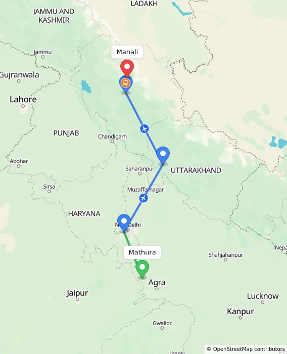 Route map showing distance and travel time from Mathura, India to Manali, India