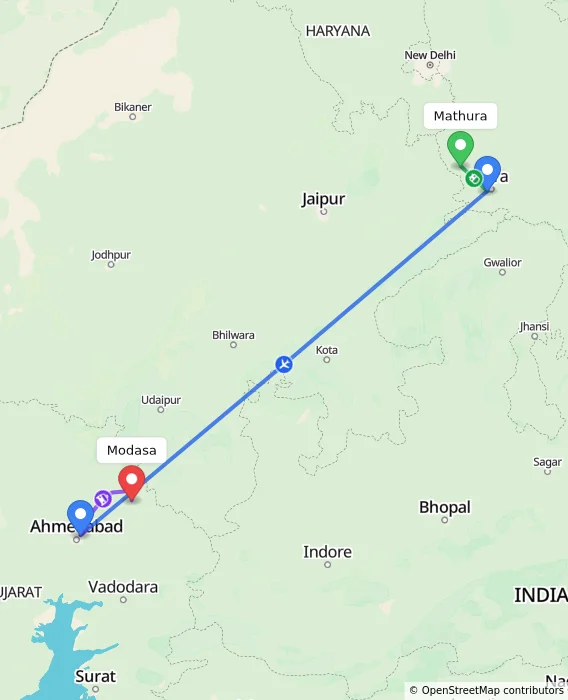 Route map showing distance and travel time from Mathura, India to Modasa, India