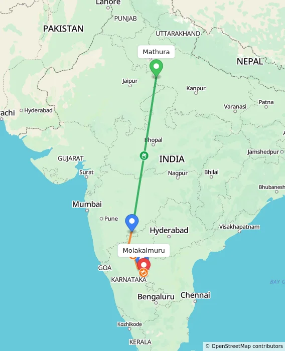 Route map showing distance and travel time from Mathura, India to Molakalmuru, India