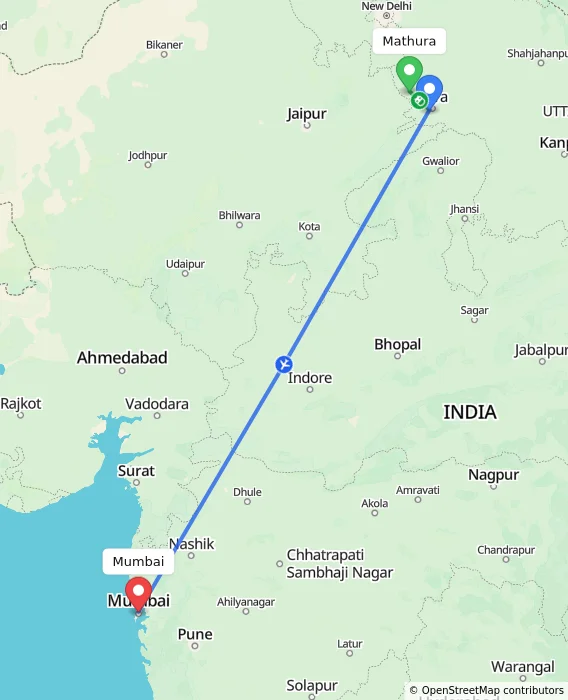 Route map showing distance and travel time from Mathura, India to Mumbai, India