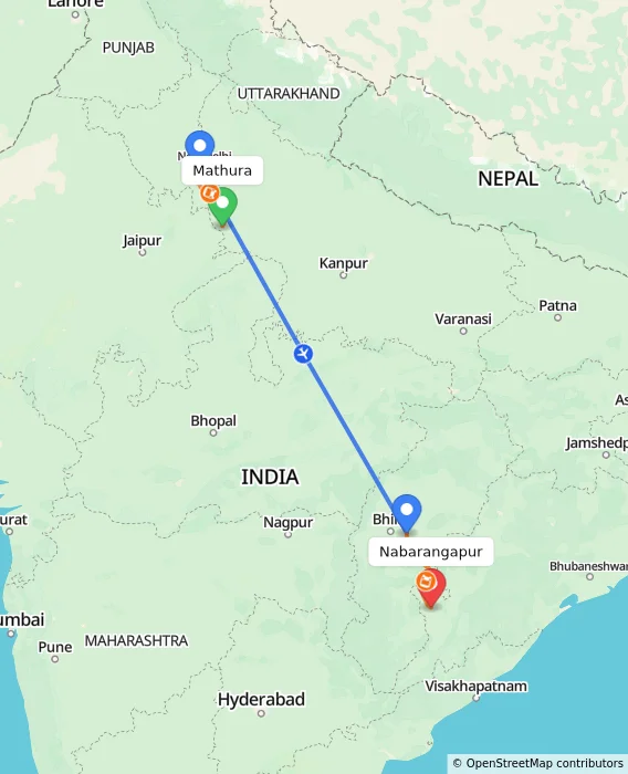 Route map showing distance and travel time from Mathura, India to Nabarangapur, India