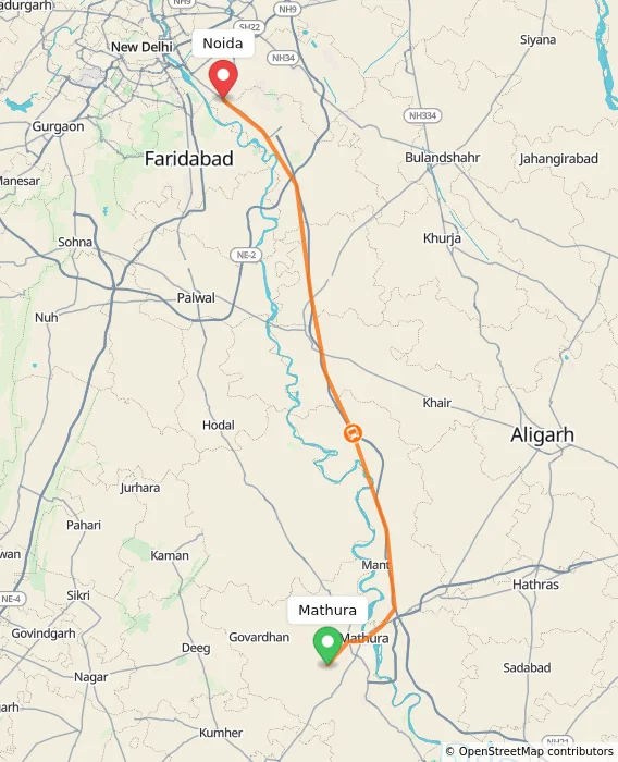 Route map showing distance and travel time from Mathura, India to Noida, India
