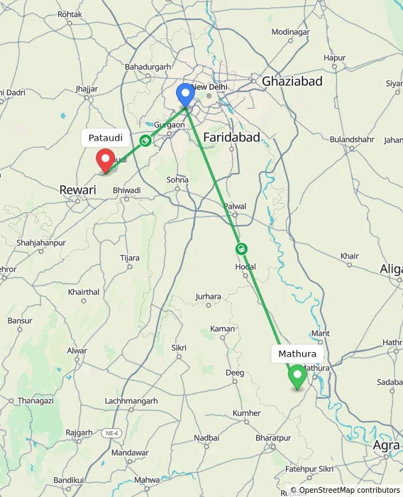 Route map showing distance and travel time from Mathura, India to Pataudi, India